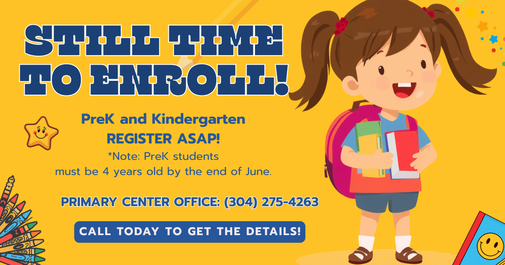 A colorful enrollment announcement featuring a smiling illustrated child with a backpack. The message highlights open PreK and Kindergarten registration, age requirements, and a contact phone number.