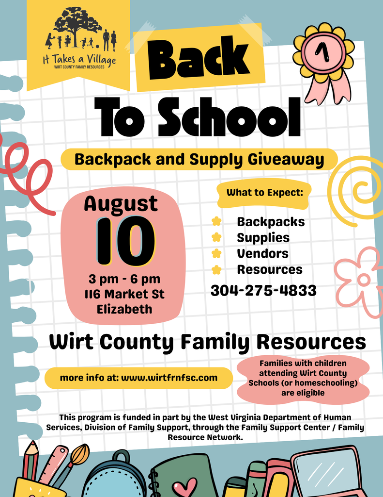 Graphic promoting a Back to School Backpack and Supply Giveaway hosted by Wirt County Family Resources. The graphic features a school-themed design with illustrations of school supplies. Text states: “Back to School Backpack and Supply Giveaway.” Event details include August 10, from 3:00 p.m. to 6:00 p.m., at 116 Market Street in Elizabeth. The graphic lists backpacks, school supplies, vendors, and resources as available at the event. Contact information is 304-275-4833, and additional information is available at www.wirtfrnfsc.com. The graphic notes that families with children attending Wirt County Schools or homeschooling are eligible. The event is funded in part by the West Virginia Department of Human Services, Division of Family Support, through the Family Support Center/Family Resource Network.