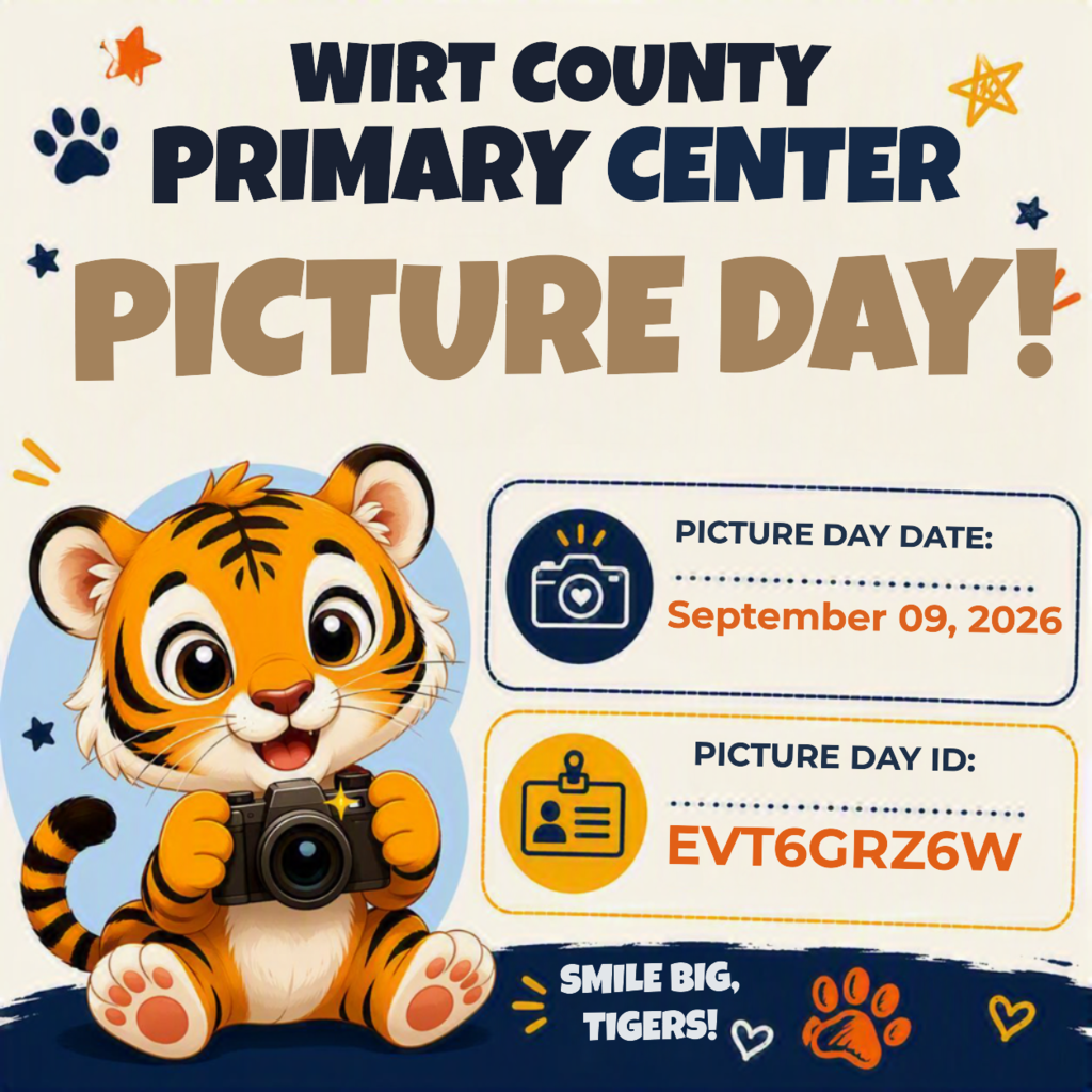 Colorful Picture Day graphic for Wirt County Primary Center. Large text reads "Wirt County Primary Center Picture Day!" A cartoon tiger holding a camera appears on the left side. On the right, the graphic lists the Picture Day date as September 09, 2026, and the Picture Day ID as EVT6GRZ6W. Decorative paw prints, stars, hearts, and school-themed icons surround the design. Text at the bottom reads, "Smile Big, Tigers!"