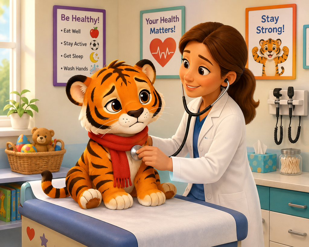 image with a cheerful cartoon tiger cub with a red scarf around its neck sitings on an examination table in a bright doctor's office, looking slightly under the weather. A friendly female doctor in a white coat gently checks the tiger cub with a stethoscope while smiling reassuringly. The exam room includes colorful children's health posters, a toy basket, and medical equipment, creating a warm, welcoming healthcare environment for young patients.
