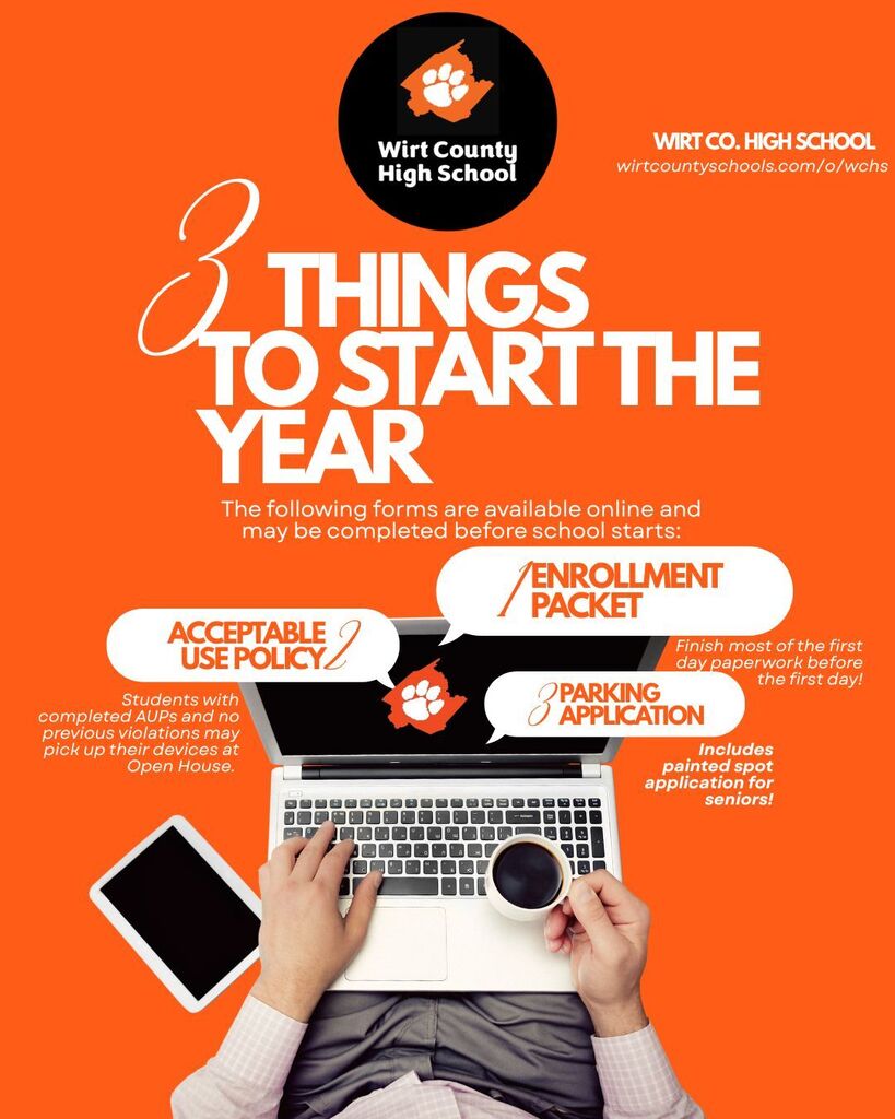This graphic lists 3 things to start the school year as described in the post. It includes the digital enrollment packet, Acceptable Use Policy, and parking application with descriptions of each as detailed in the post.