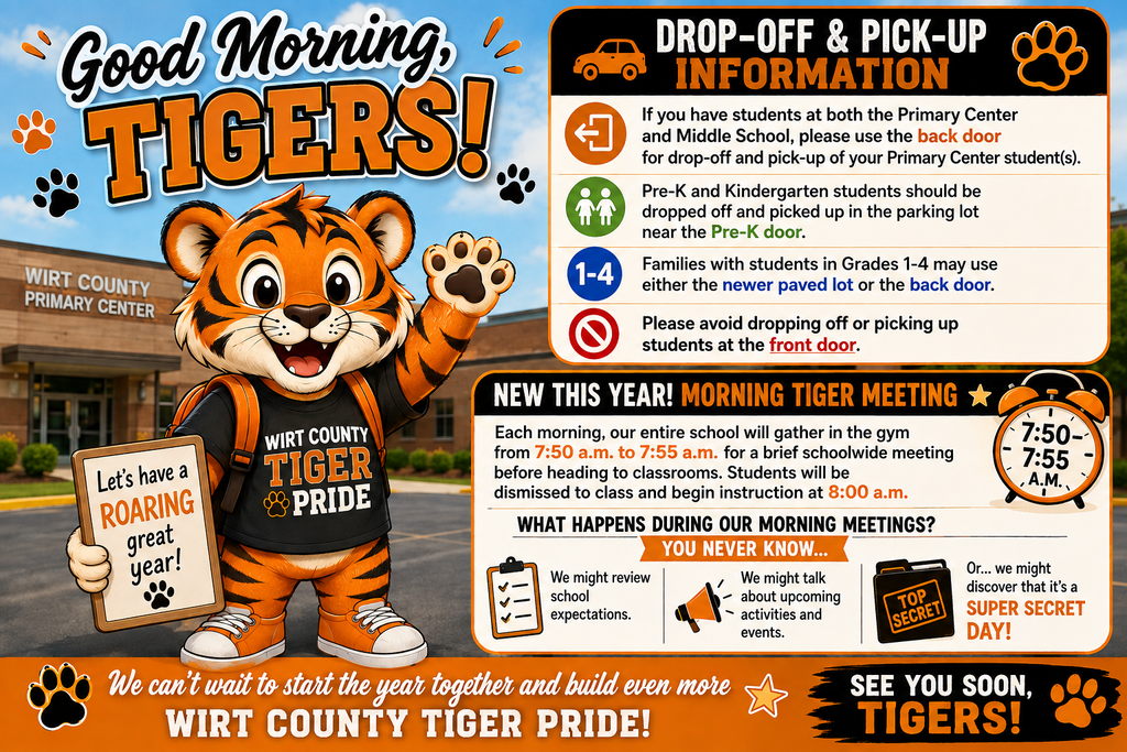**ADA-Compliant Alt Text:** A colorful back-to-school graphic welcomes students to Wirt County Primary Center. On the left, a smiling cartoon tiger mascot wearing a black "Wirt County Tiger Pride" T-shirt and backpack waves while holding a sign that reads, "Let's have a ROARING great year!" The background shows the front of the school with the headline "Good Morning, Tigers!" On the right, a large information panel outlines student drop-off and pick-up procedures. Families with students at both the Primary Center and Middle School are instructed to use the back door for Primary Center drop-off and pick-up. Pre-K and Kindergarten students should use the parking lot near the Pre-K door. Families with students in Grades 1–4 may use either the newer paved parking lot or the back door. The graphic also reminds families not to use the front entrance for student drop-off or pick-up. A second section announces a new daily "Morning Tiger Meeting," held in the gym from **7:50 a.m. to 7:55 a.m.**, with classes beginning at **8:00 a.m.** Icons illustrate that students may review school expectations, learn about upcoming events, or discover a surprise "Super Secret Day." The bottom of the graphic reads, "We can't wait to start the year together and build even more Wirt County Tiger Pride!" and "See You Soon, Tigers!" in the school's orange and black colors.
