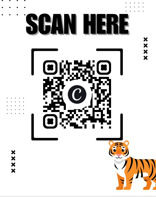 Wirt County Primary Center graphic encouraging parents and guardians to update contact information. The image displays the text “SCAN HERE” above a QR code that links to the parent contact information form. The purpose of the form is to provide updated phone numbers and email addresses so the school can maintain accurate records and contact families quickly when needed, including during emergencies. A cartoon tiger mascot appears in the lower right corner. Direct link: https://tinyurl.com/WCPCparentcontact.
