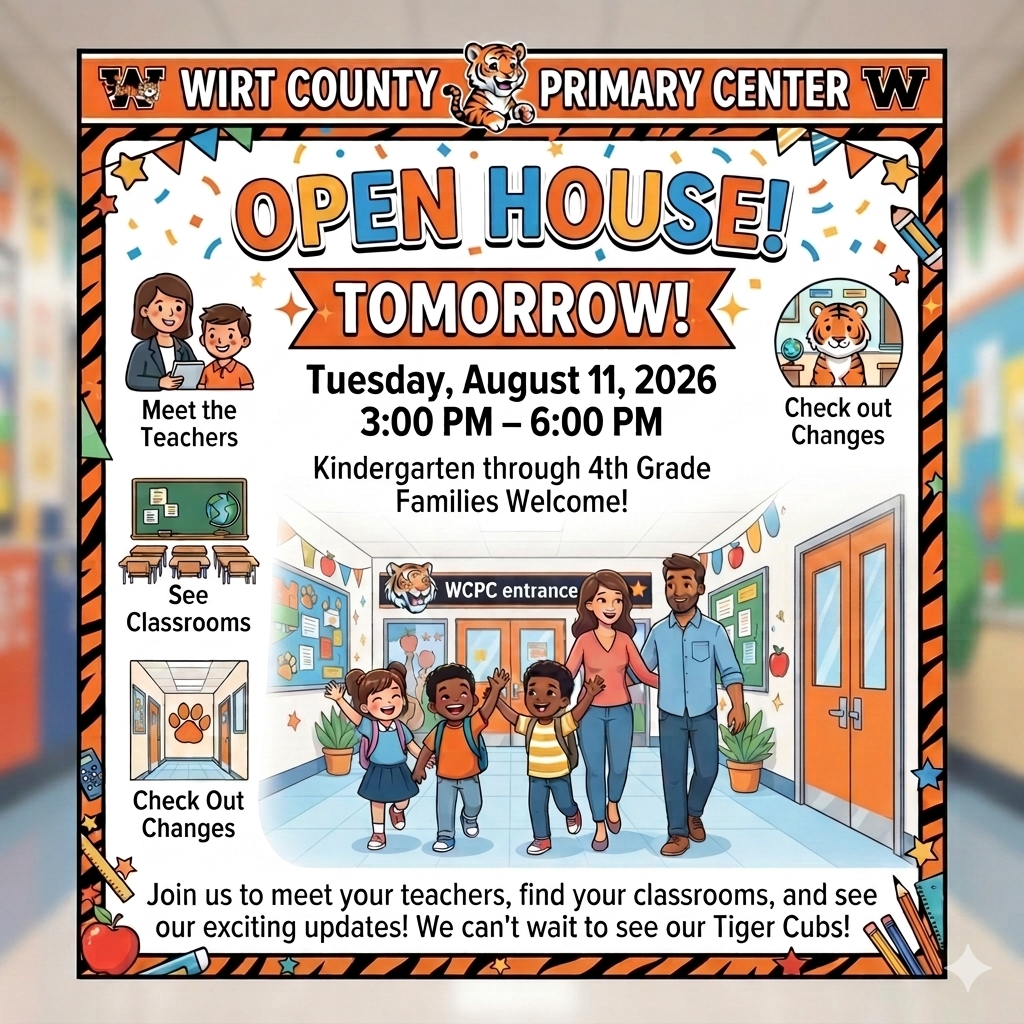 A bright, school-themed graphic announcement for the Wirt County Primary Center Open House. At the top, bold letters read "OPEN HOUSE! TOMORROW! Tuesday, August 11, 2026, 3:00 PM – 6:00 PM, Kindergarten through 4th Grade Families Welcome!" The header features a friendly cartoon tiger mascot alongside the school name. On the left and right, four small circular illustrated icons depict actions: meeting teachers, checking out classrooms, and checking out building changes. In the center, a diverse family with three excited children walks happily down a school hallway marked "WCPC entrance." The bottom contains the text: "Join us to meet your teachers, find your classrooms, and see our exciting updates! We can’t wait to see our Tiger Cubs!"