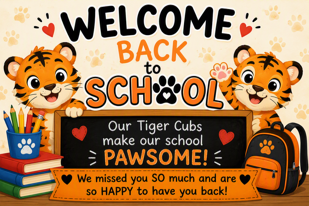 Colorful back-to-school graphic featuring two cartoon tiger cubs standing on either side of a chalkboard. Large text at the top reads, “Welcome Back to School.” The chalkboard says, “Our Tiger Cubs make our school PAWSOME!” An orange banner across the bottom reads, “We missed you SO much and are so HAPPY to have you back!” School-themed items, including books, colored pencils, and a backpack with a paw print, surround the tiger cubs. Paw print designs and hearts decorate the background.
