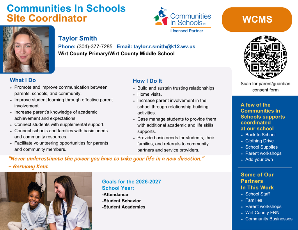 Infographic flyer for Communities In Schools at Wirt County Primary and Wirt County Middle School featuring Site Coordinator Taylor Smith. It details the coordinator's role in promoting parent-school communication, improving student learning, supporting families with basic needs, and facilitating community partnerships. Includes contact information (Phone: 304-377-7285, Email: taylor.r.smith@k12.wv.us), school year goals for attendance, behavior, and academics, list of community supports, and a QR code to scan for parent or guardian consent forms.