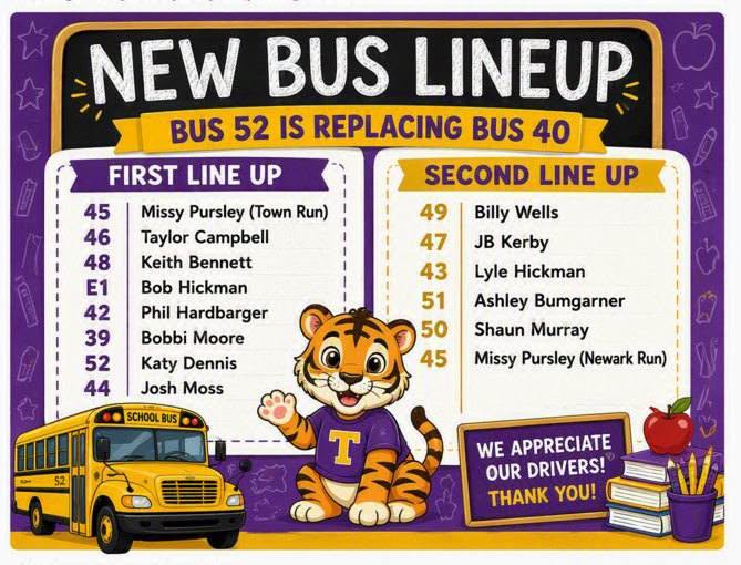 A school-themed bus lineup graphic in tiger-inspired colors featuring purple and gold accents, a yellow school bus, and a friendly tiger cub mascot. The headline reads "New Bus Lineup" with a notice that "Bus 52 is replacing Bus 40." The graphic lists the updated routes. First Line Up: 45 Missy Pursley (Town Run), 46 Taylor Campbell, 48 Keith Bennett, E1 Bob Hickman, 42 Phil Hardbarger, 39 Bobbi Moore, 52 Katy Dennis, and 44 Josh Moss. Second Line Up: 49 Billy Wells, 47 JB Kerby, 43 Lyle Hickman, 51 Ashley Bumgarner, 50 Shaun Murray, and 45 Missy Pursley (Newark Run). A message at the bottom thanks drivers for their service.