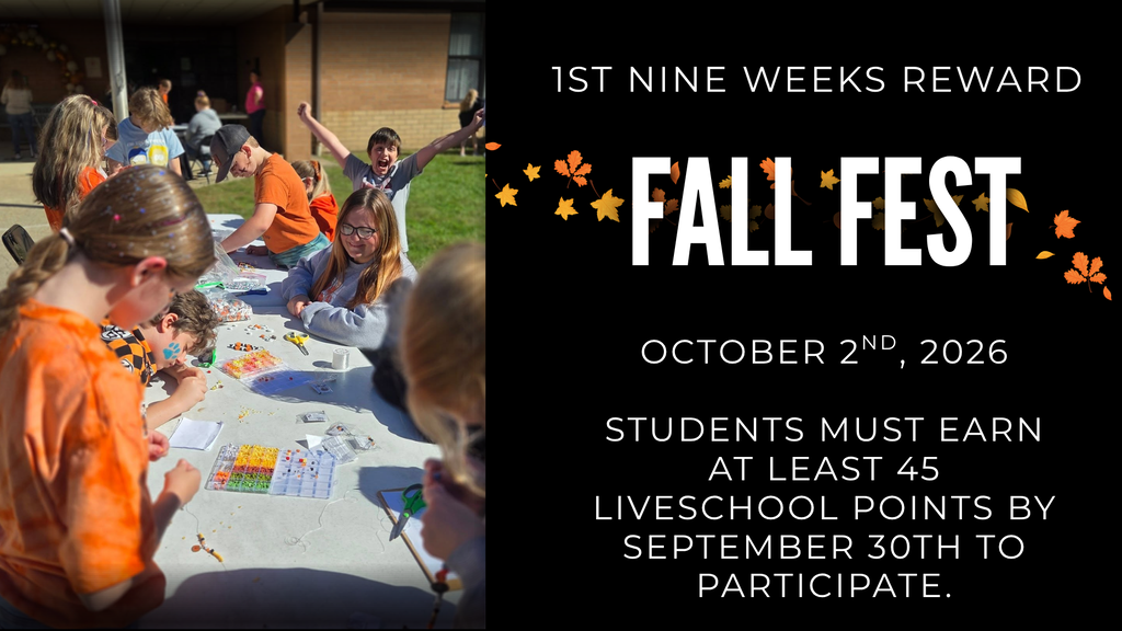 Promotional flyer for "1st Nine Weeks Reward: Fall Fest." On the left, a photo shows middle school students sitting at an outdoor table making beaded crafts with one student cheering in the background. On the right, white text on a black background decorated with fall leaves reads: "1st Nine Weeks Reward: Fall Fest. October 2nd, 2026. Students must earn at least 45 LiveSchool points by September 30th to participate."