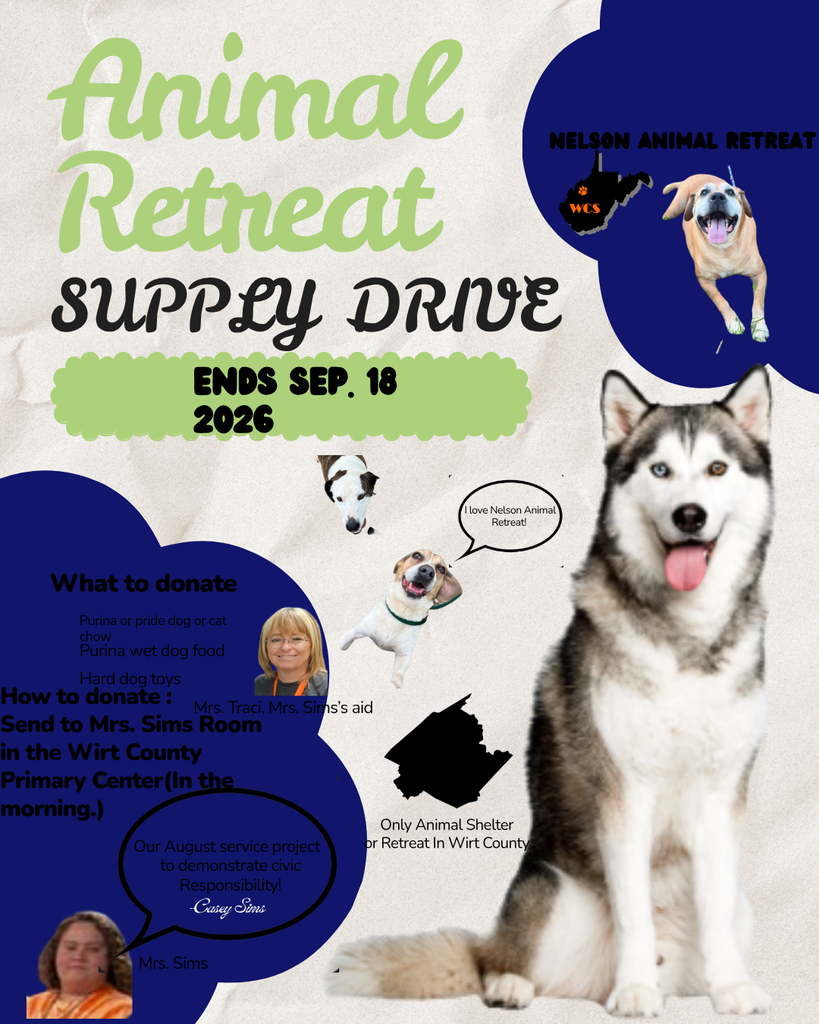 Promotional flyer for an Animal Retreat Supply Drive benefiting Nelson Animal Retreat in Wirt County. The flyer announces that the supply drive ends September 18, 2026. Requested donations include Purina or Pride dog or cat chow, Purina wet dog food, and hard dog toys. Donations should be sent to Mrs. Sims’ room at Wirt County Primary Center in the morning. The flyer states that the project is an August service project focused on demonstrating civic responsibility. Decorative elements include photos of several dogs, a large husky image, the Nelson Animal Retreat logo, a map silhouette of West Virginia, and speech bubbles with supportive messages about the animal retreat and the service project. The design uses a light textured background with dark blue and light green accents.