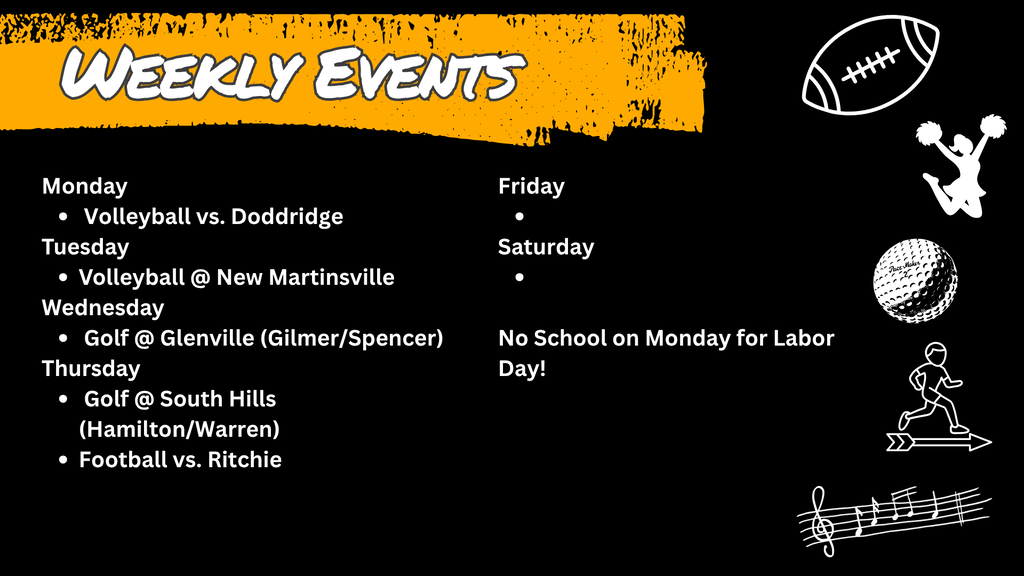 "Graphic titled 'Weekly Events' with a black and orange background featuring white outline icons of a football, cheerleaders, a golf ball, a runner, and musical notes. The schedule lists: Monday - Volleyball vs. Doddridge; Tuesday - Volleyball @ New Martinsville; Wednesday - Golf @ Glenville (Gilmer/Spencer); Thursday - Golf @ South Hills (Hamilton/Warren) and Football vs. Ritchie. A note at the bottom center reads, 'No School on Monday for Labor Day!'"