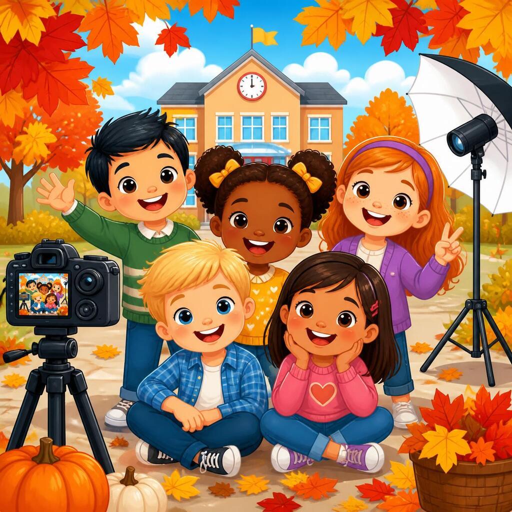 "Colorful autumn illustration showing five diverse elementary school children posing happily together outdoors. The children are surrounded by vibrant orange and red fall leaves, with a brick school building visible in the background. A vintage camera on a tripod stands to the left. The scene captures the excitement and joy of school picture day with bright, cheerful colors and a playful cartoon style."  You now have three image options and multiple social media post designs to choose from. Select your favorite design to customize and share with your school community!