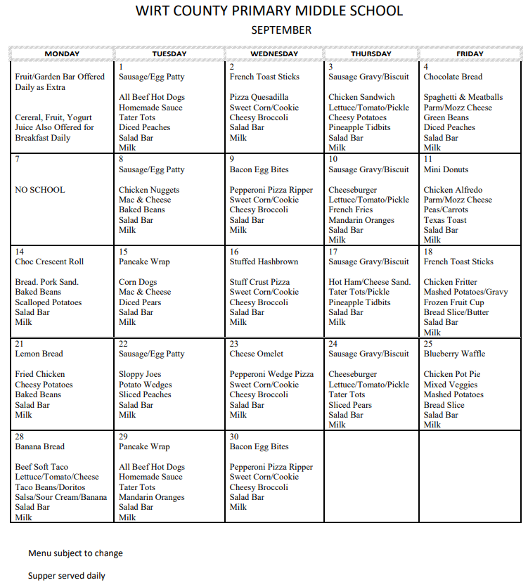 September School Meals Menu