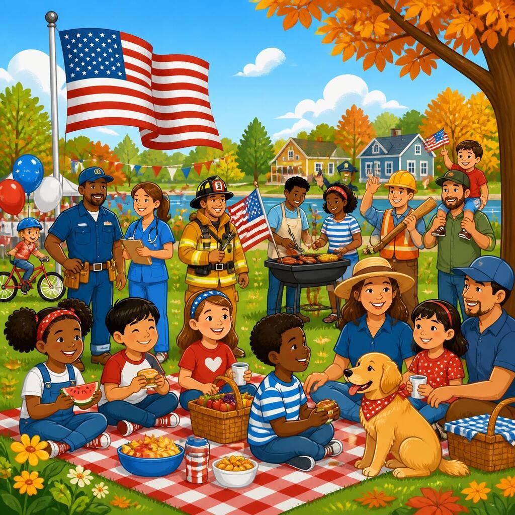 Vibrant cartoon illustration of diverse elementary school children and families celebrating Labor Day at an outdoor picnic. The scene shows children sitting on red and white checkered blankets enjoying food together, with American flags waving in the background. Autumn trees with orange and green leaves frame the scene, and a school building is visible in the distance. The atmosphere is joyful and festive with patriotic red, white, and blue decorations throughout.