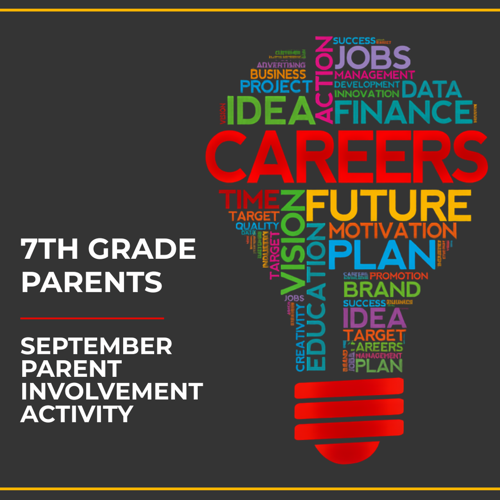Graphic flyer with text reading "7th Grade Parents - September Parent Involvement Activity" next to a lightbulb-shaped word cloud featuring words aligned with a career theme.