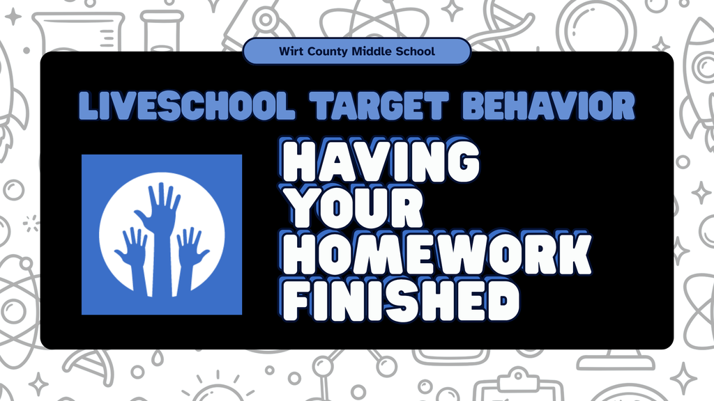 A graphic for Wirt County Middle School promoting the LiveSchool Target Behavior of the week. The header reads "Wirt County Middle School" above bold text that states "LiveSchool Target Behavior: Having Your Homework Finished." Next to the text is an icon showing three raised hands inside a circular emblem, set against a background patterned with subtle school-themed doodles.