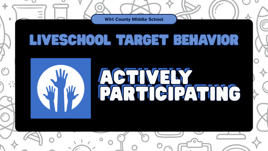 Wirt County Middle School graphic with the title "LiveSchool Target Behavior" and the featured behavior "Actively Participating," alongside an icon showing hands raised inside a circle.