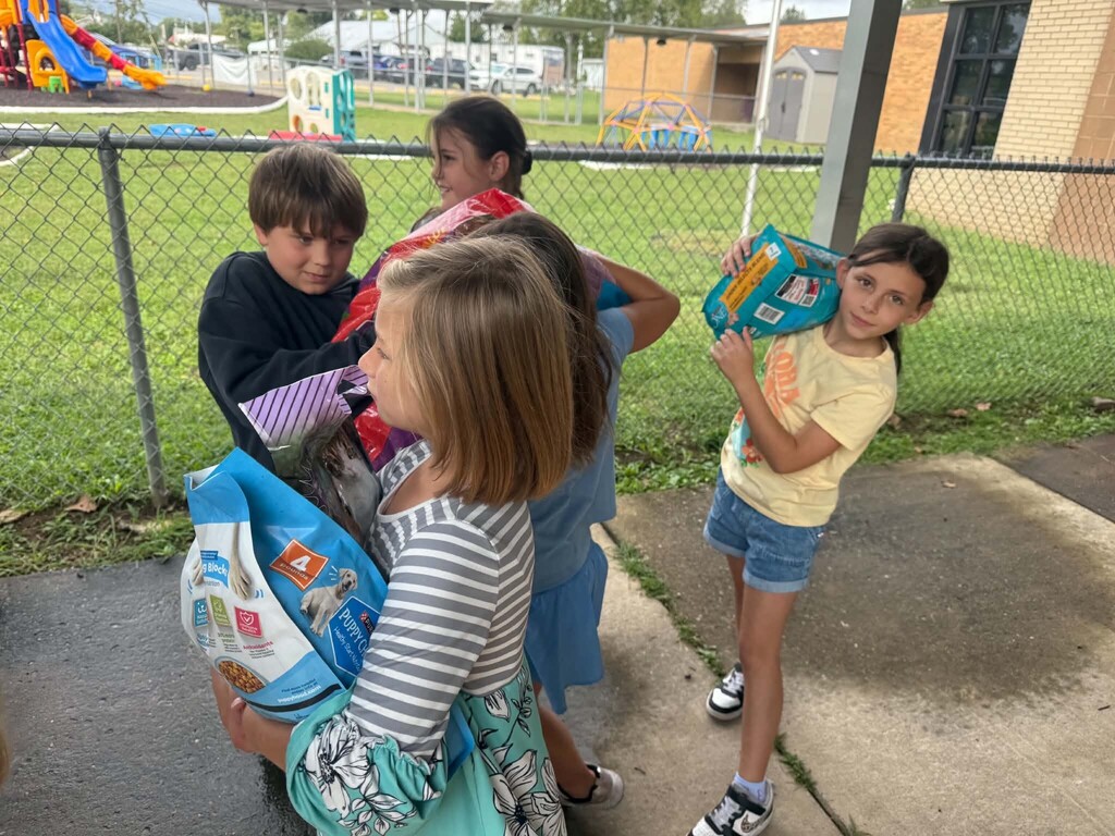 Mrs. Sims' class carrying animal food down the front sidewalk of the building.