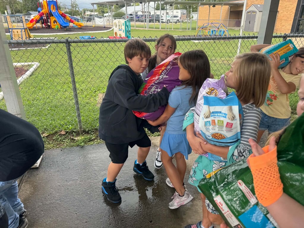 Mrs. Sims' class carrying large bags of cat and dog food out the front walkway of the school.