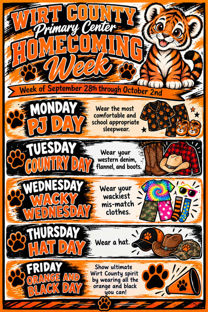 Promotional flyer for Wirt County Primary Center Homecoming Week, scheduled for September 28 through October 2. The flyer features an illustrated tiger cub mascot and uses orange, black, and white school colors. Dress-up themes are listed for each day: Monday is PJ Day with school-appropriate sleepwear, Tuesday is Country Day with western denim, flannel, and boots, Wednesday is Wacky Wednesday with mismatched clothing, Thursday is Hat Day, and Friday is Orange and Black Day to show school spirit. Decorative illustrations include pajamas, boots, a flannel shirt, hats, mismatched clothing, paw prints, and a megaphone. The title reads “Wirt County Primary Center Homecoming Week.”