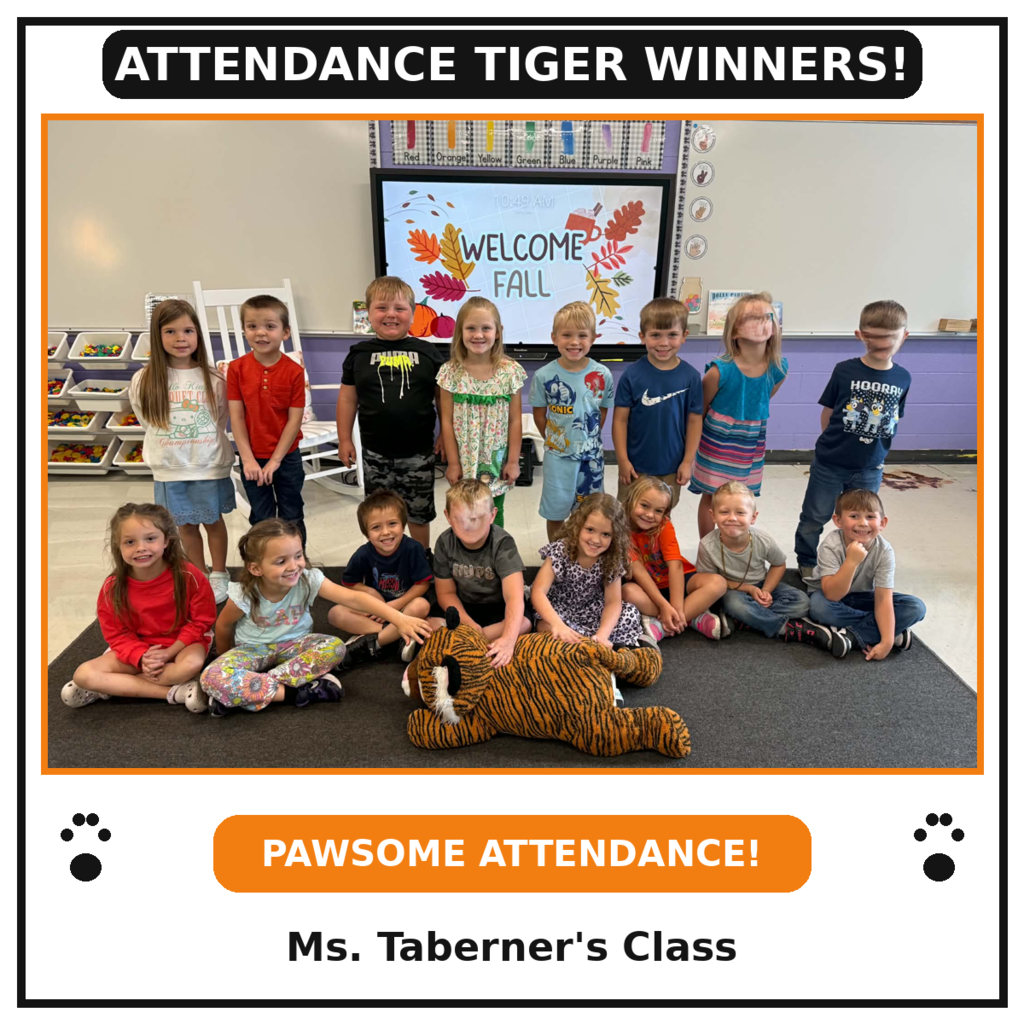 A classroom group photo of Ms. Taberner's class posing around a large stuffed tiger mascot on the floor. The image includes the text "Attendance Tiger Winners!" at the top and "Pawsome Attendance! Ms. Taberner's Class" at the bottom. Students are gathered in two rows inside a classroom with a fall-themed display board in the background, celebrating their outstanding class attendance and earning a visit from the Attendance Tiger.