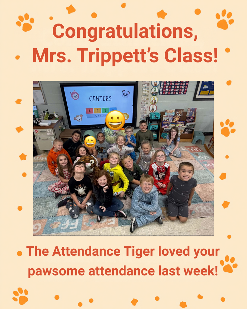 A school recognition graphic with a tan background decorated with orange paw prints and confetti-like shapes. Large text at the top reads, "Congratulations, Mrs. Trippett's Class!" In the center, a class of students is gathered on a classroom rug with the Attendance Tiger stuffed animal. A classroom display screen and bookshelves are visible in the background. Two students' faces are covered with smiley-face graphics. Text at the bottom reads, "The Attendance Tiger loved your pawsome attendance last week!" The image celebrates Mrs. Trippett's class for earning the best attendance in the school for the previous week.