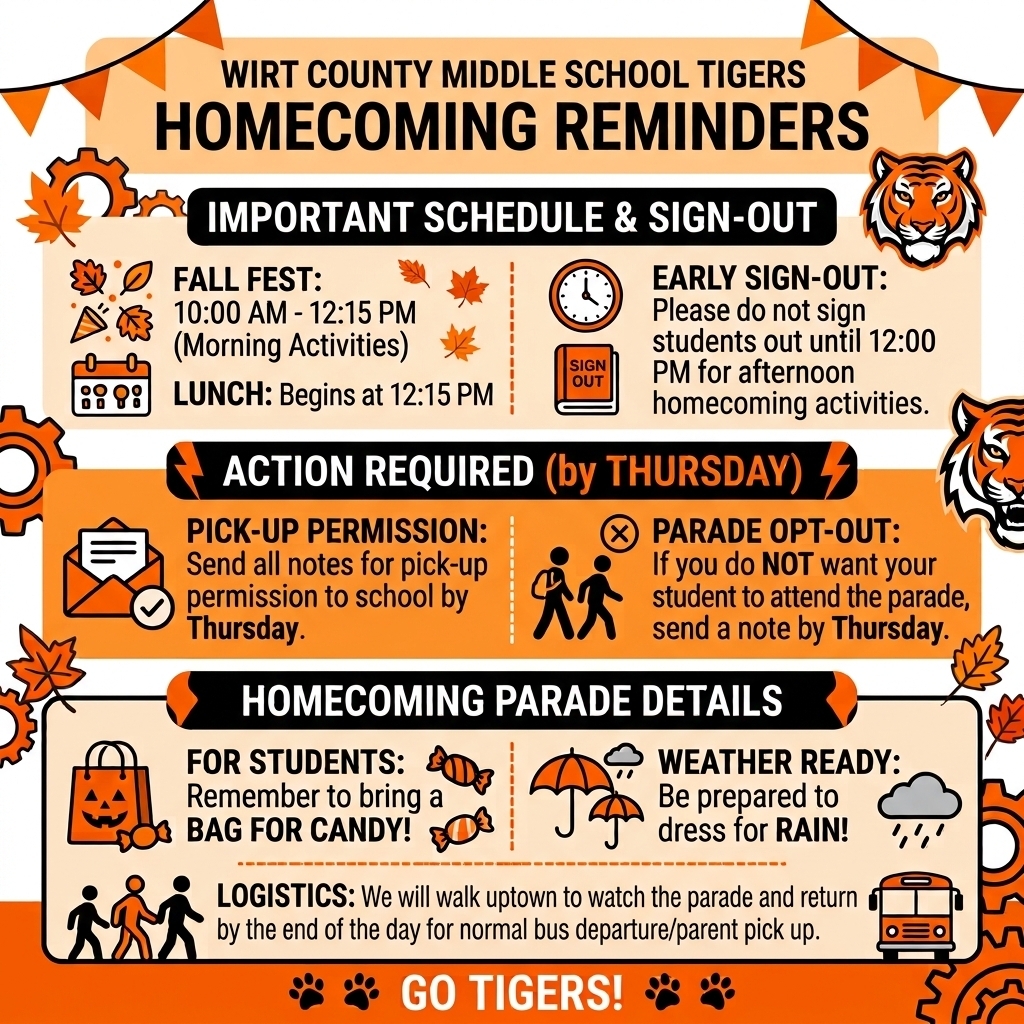 An orange, black, and white Wirt County Middle School Tigers infographic titled "Homecoming Reminders." The graphic is decorated with tiger mascot illustrations, fall leaves, orange bunting, and visual icons (a clock, clipboard, envelope, candy bag, umbrella, and school bus). Information is organized into three distinct color-coded sections: "Important Schedule & Sign-Out," "Action Required (by Thursday)," and "Homecoming Parade Details.