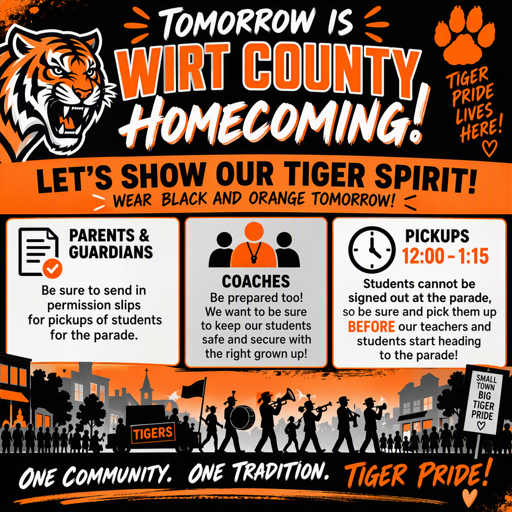 Promotional graphic for Wirt County Homecoming featuring a tiger mascot and black-and-orange school colors. Large text reminds students and staff to wear black and orange to show Tiger Spirit. Information boxes remind parents and guardians to send permission slips for student parade pickups, coaches to be prepared, and families that student pickups are from 12:00 p.m. to 1:15 p.m. The graphic states that students cannot be signed out at the parade and must be picked up before teachers and students leave for the event. Silhouettes of a marching band and parade participants appear along the bottom of the image with the message "One Community. One Tradition. Tiger Pride!"