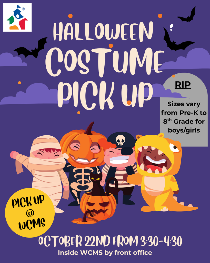 Promotional flyer titled "Halloween Costume Pick Up" on a dark purple night sky background with bats and a tombstone. Illustrated kids in Halloween costumes—a mummy, a pumpkin skeleton, a pirate, and a yellow dinosaur—stand alongside a jack-o'-lantern with a black cat inside. Text states: "Sizes vary from Pre-K to 8th Grade for boys/girls," "Pick Up @ WCMS," and "October 22nd from 3:30-4:30 inside WCMS by front office."