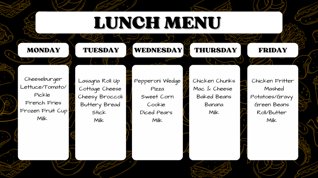 Graphic titled "LUNCH MENU" showing the weekly meal schedule. * **Monday:** Cheeseburger, Lettuce/Tomato/Pickle, French Fries, Frozen Fruit Cup, Milk * **Tuesday:** Lasagna Roll Up, Cottage Cheese, Cheesy Broccoli, Buttery Bread Stick, Milk * **Wednesday:** Pepperoni Wedge Pizza, Sweet Corn, Cookie, Diced Pears, Milk * **Thursday:** Chicken Chunks, Mac & Cheese, Baked Beans, Banana, Milk * **Friday:** Chicken Fritter, Mashed Potatoes/Gravy, Green Beans, Roll/Butter, Milk