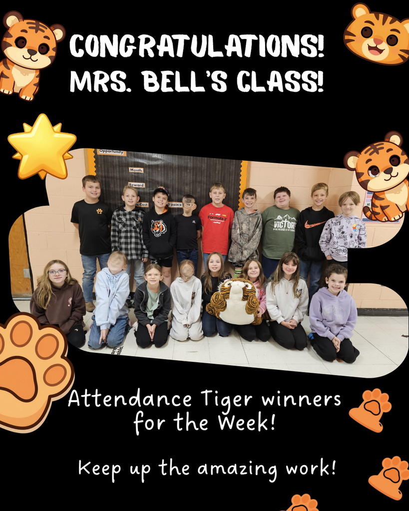 A school-themed attendance recognition graphic with cartoon tiger illustrations and paw prints around the border. In the center, a class photo shows Mrs. Bell's students gathered in a school hallway with the Attendance Tiger stuffed mascot. Large text celebrates the class for earning the Attendance Tiger award. The graphic recognizes Mrs. Bell's class for having the best attendance and hosting the Attendance Tiger for the week.
