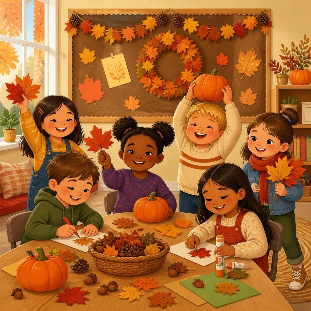 A cheerful fall classroom scene shows diverse elementary-aged children gathered around tables with pumpkins, autumn leaves, and fall crafts while smiling and celebrating together.