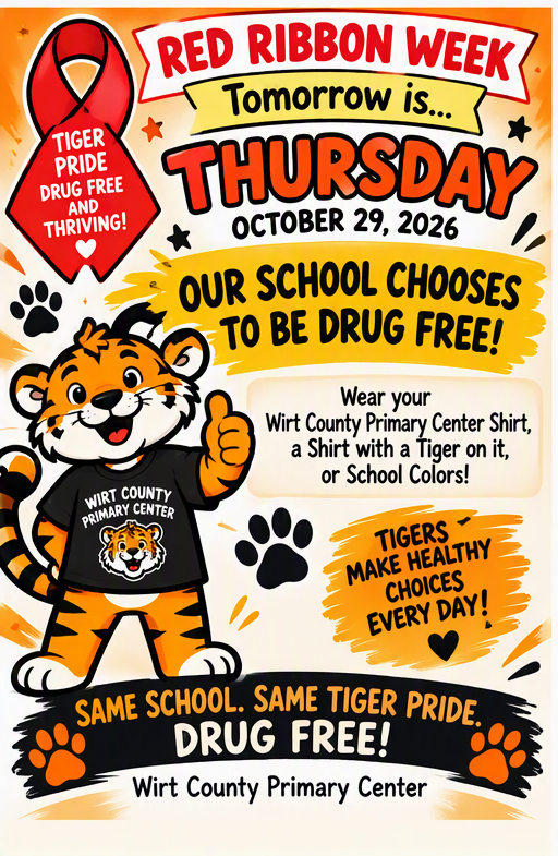 Red Ribbon Week reminder graphic for Wirt County Primary Center announcing Thursday, October 29, 2026. The theme reads, “Our School Chooses to Be Drug Free!” Students are reminded to wear a Wirt County Primary Center shirt, a shirt featuring a tiger, or school colors. The design uses orange, black, and red with a cartoon tiger mascot, paw prints, and a red ribbon.