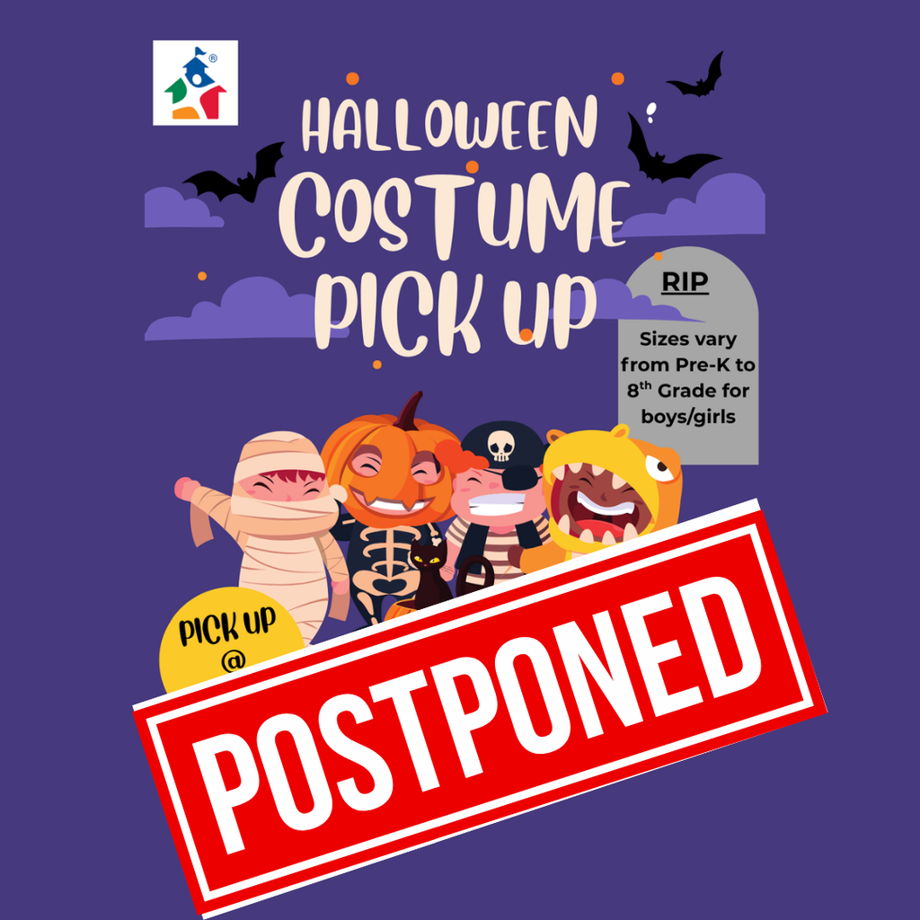 Announcement graphic featuring animated Halloween characters with the text "Halloween Costume Pick Up" stamped in red with "POSTPONED". A detail box notes costume sizes range from Pre-K to 8th grade.