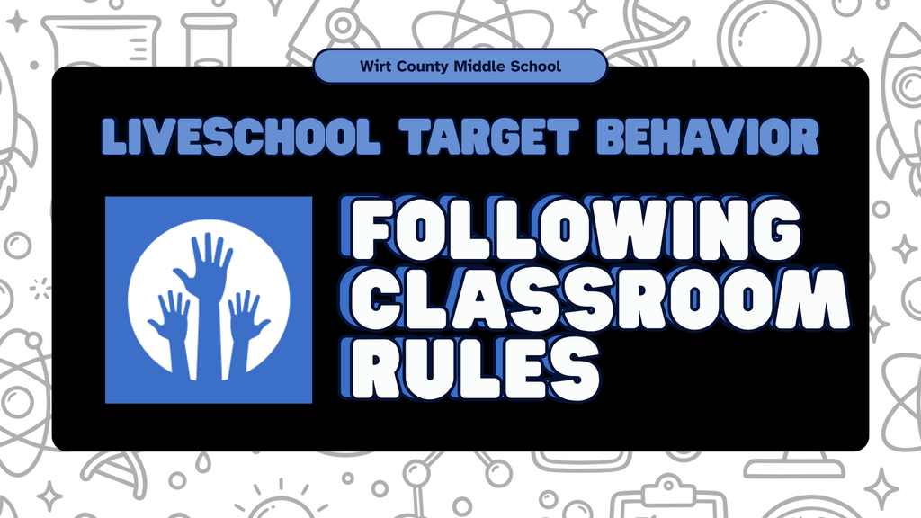 Graphic titled "LIVESCHOOL TARGET BEHAVIOR" with a blue banner at the top reading "Wirt County Middle School." The main box displays bold white text stating "FOLLOWING CLASSROOM RULES" next to a blue icon showing three raised hands. The background features light line illustrations of classroom and science equipment.