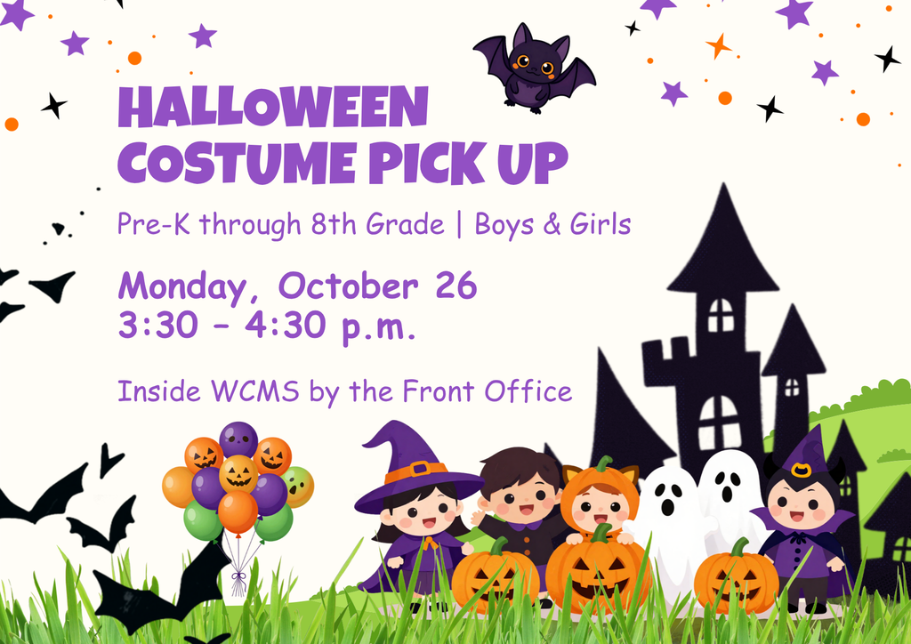 Halloween-themed flyer for WCMS announcing a Halloween Costume Pick Up event. The flyer features a playful purple, orange, and black design with cartoon children wearing Halloween costumes, pumpkins, and bats. It states that costume pickup is for boys and girls in Pre-K through 8th grade and will take place on Monday, October 26, from 3:30 to 4:30 p.m., inside WCMS by the front office.