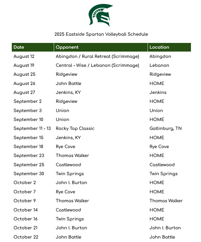 2025 Volleyball Schedule
