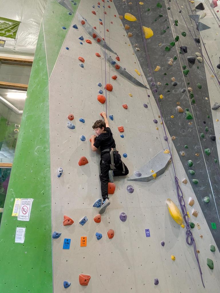 Roan climbs a rock wall