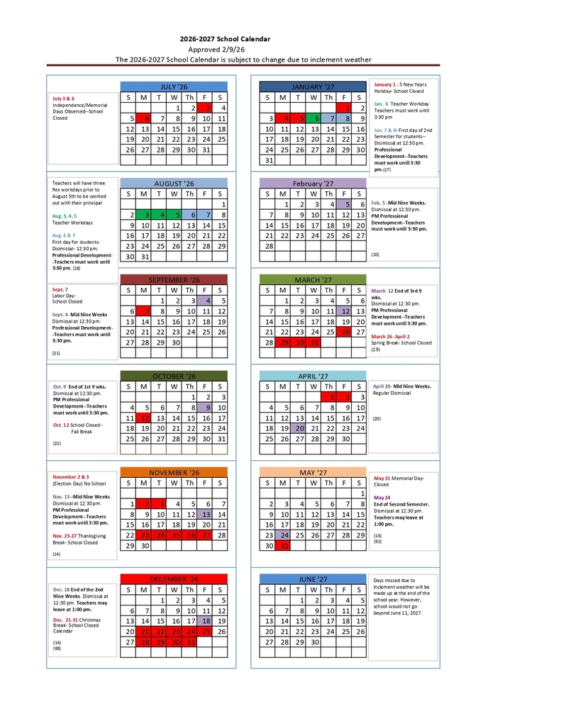 2026-2027 School Calendar