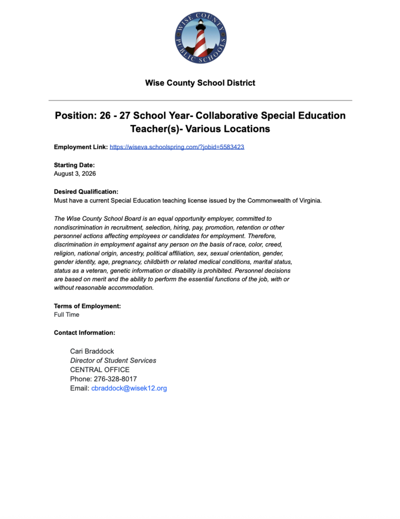 26/27 Collaborative Special Education Teacher(s) - Various Locations