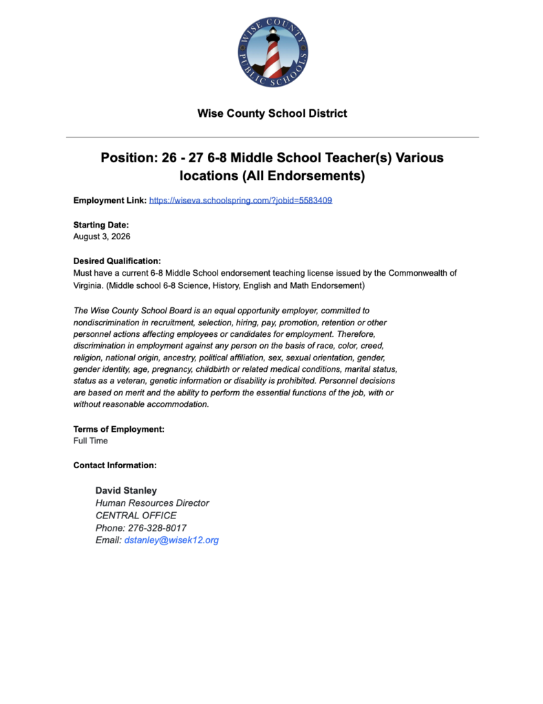 26/27 Middle School Teachers - Various Locations