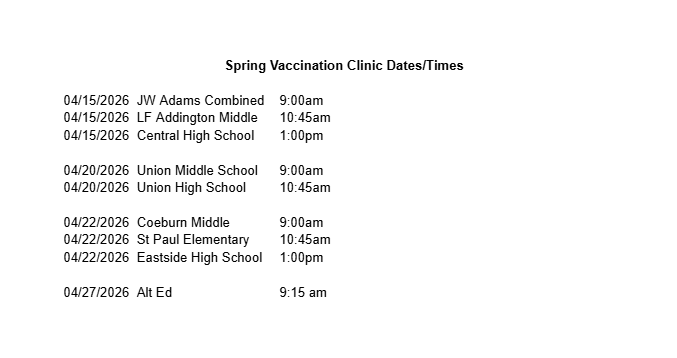 Spring Vaccination Dates & Times