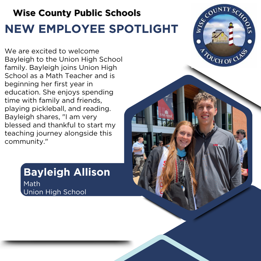 Blue-bordered rectangle displays "New Employee Spotlight" text. Below it, an inset shows a man and woman smiling. The text introduces Bayleigh Allison, a new math teacher.