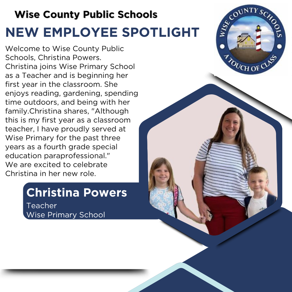 A poster features a photo of a woman holding two children. Text reads "Wise County Public Schools" and "NEW EMPLOYEE SPOTLIGHT".