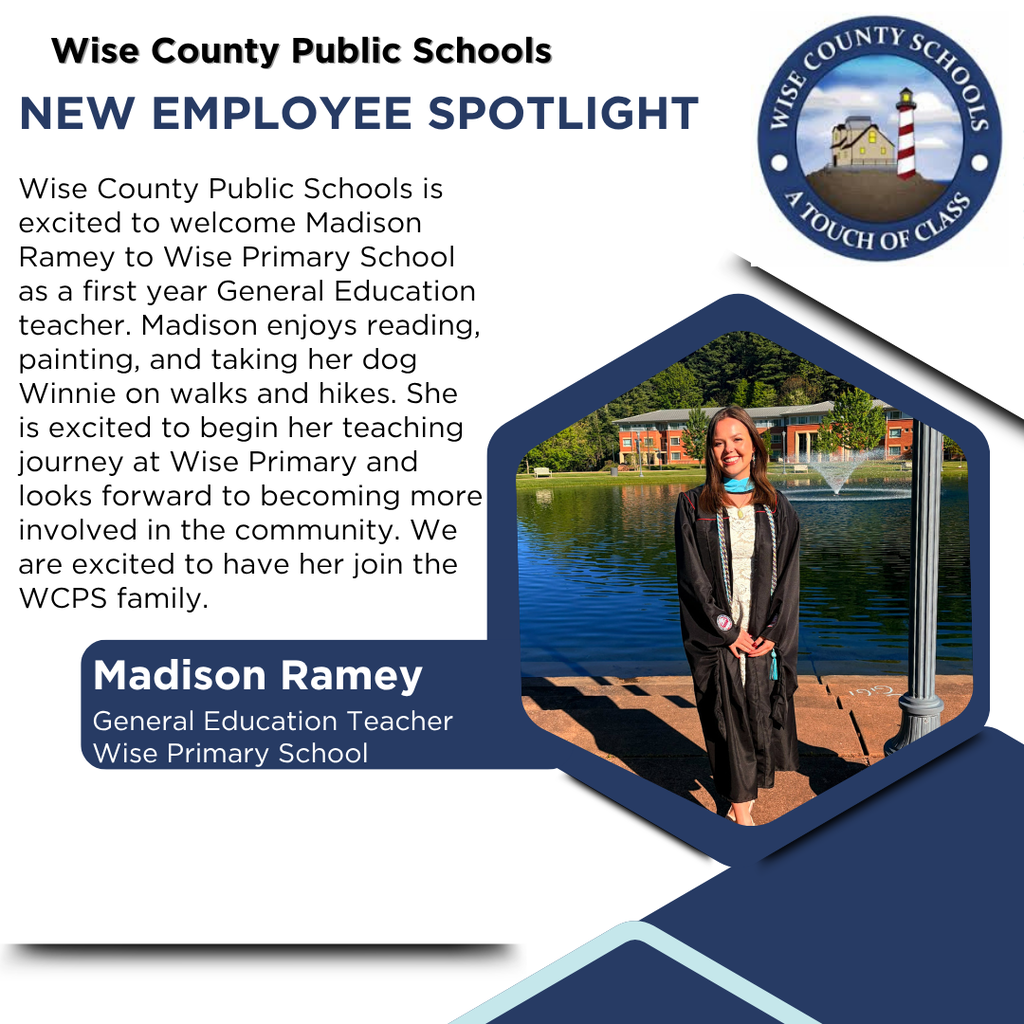 A woman stands by a body of water, smiling. A logo and text read "Wise County Public Schools, New Employee Spotlight."