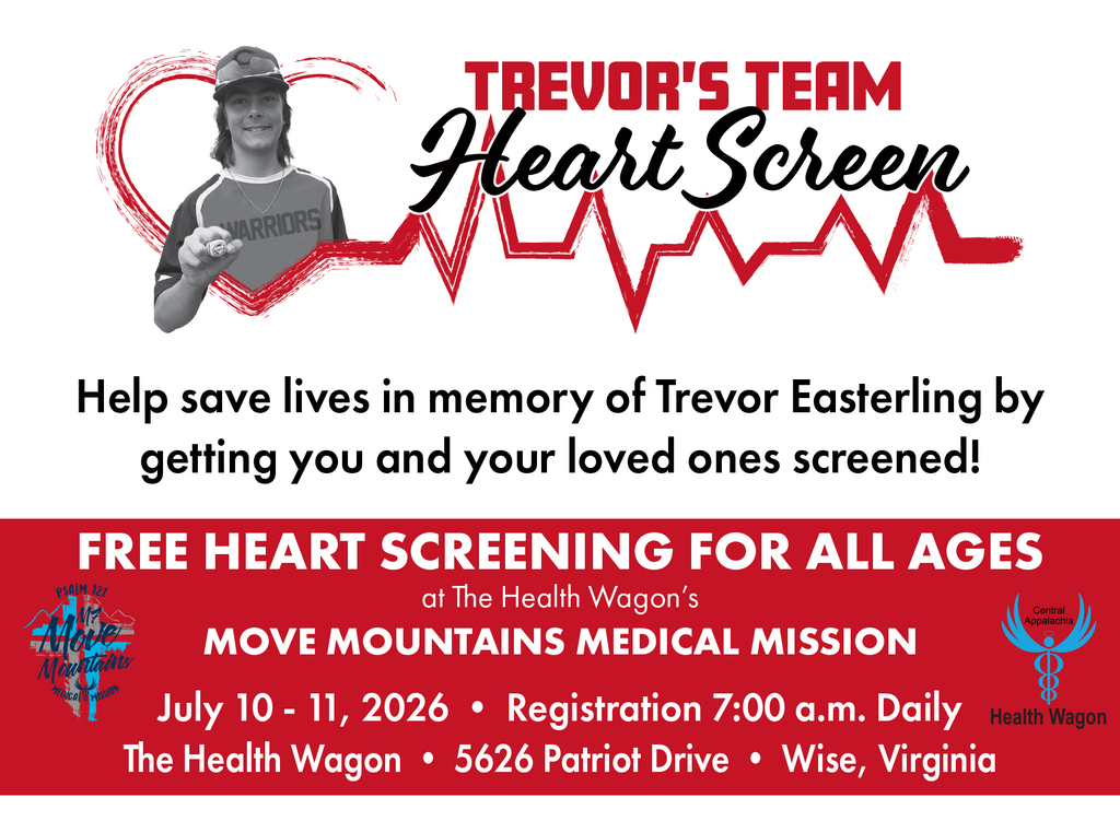 Poster with a heart, heartbeat line, and a person in a cap. Text reads "FREE HEART SCREENING FOR ALL AGES" and "Help save lives".