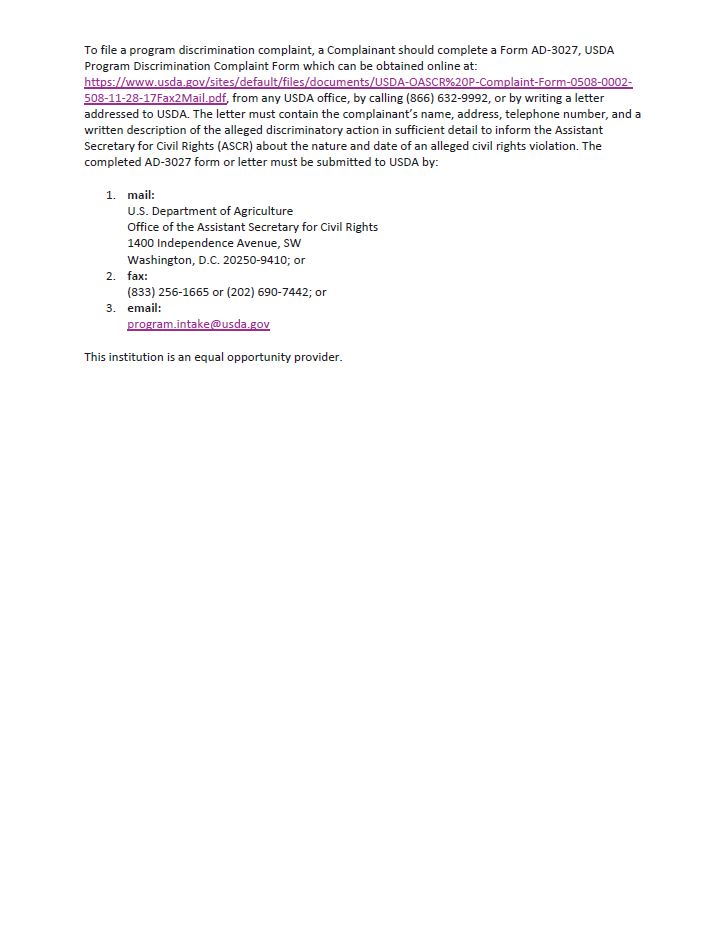 A form with instructions for filing a program discrimination complaint includes contact details, a website link, and an equal opportunity statement.