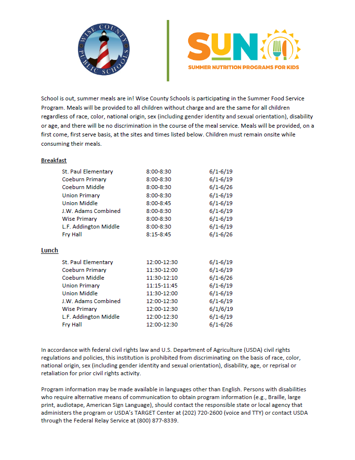 Document with blue and red logo, text in bold and normal font, lists of meal times and locations for summer meals.