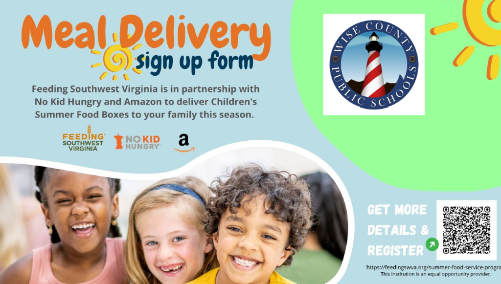 Children smiling at an event, with text that reads "Meal Delivery sign up form" and a logo.