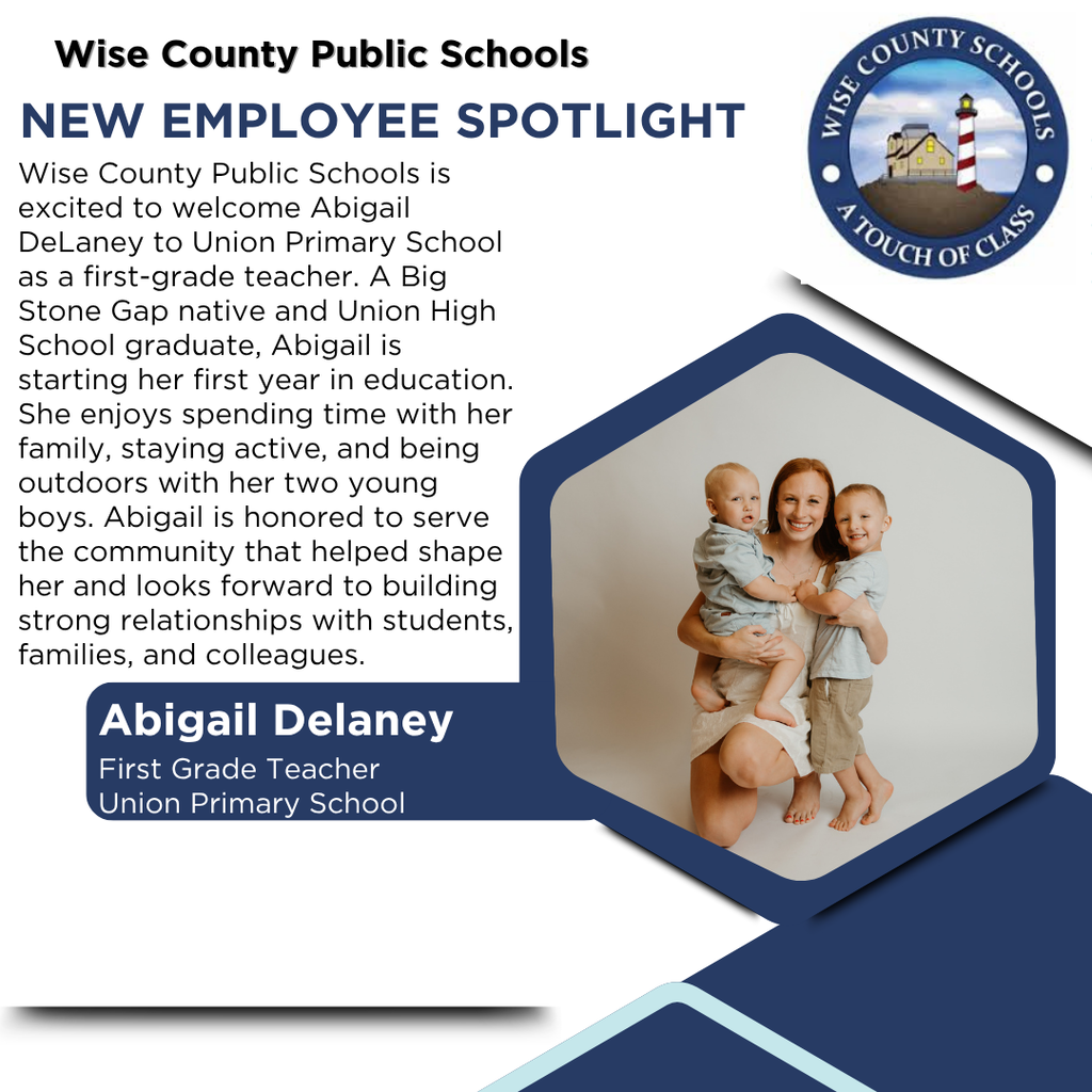 A spotlight on Abigail Delaney, a new first-grade teacher at Union Primary School, holding two young boys.