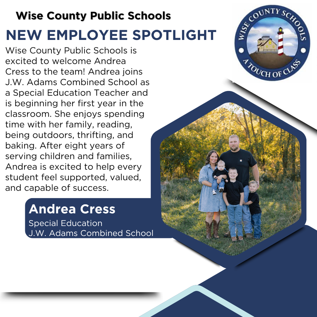Andrea Cress, a Special Education Teacher, is featured in a poster with her family. Background shows a grassy field.